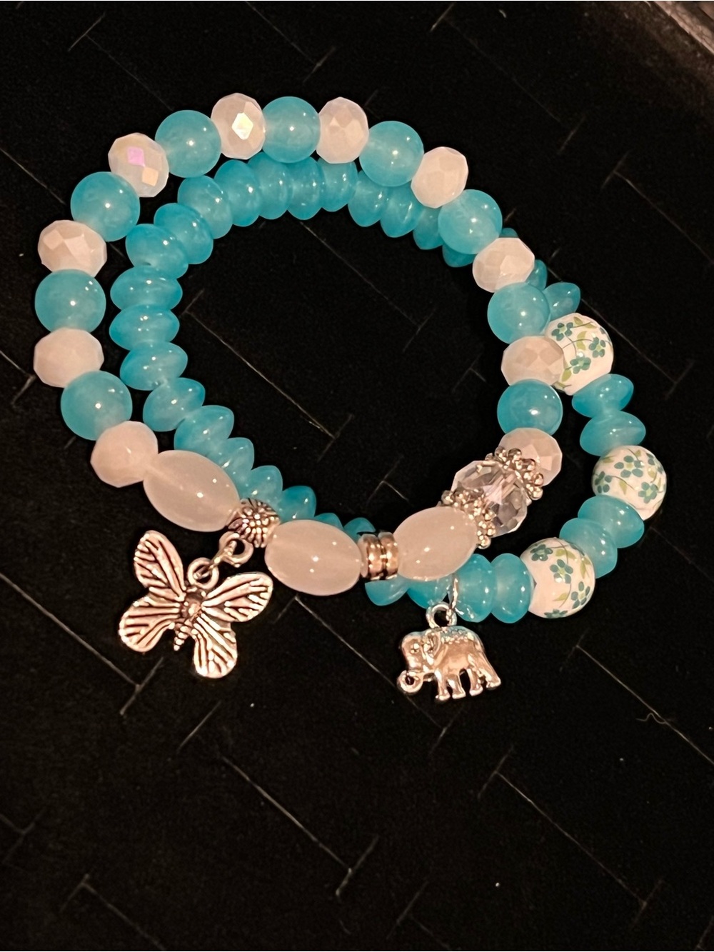 Turquoise Beaded Charm Bracelet Set with Butterfly & Elephant Charms